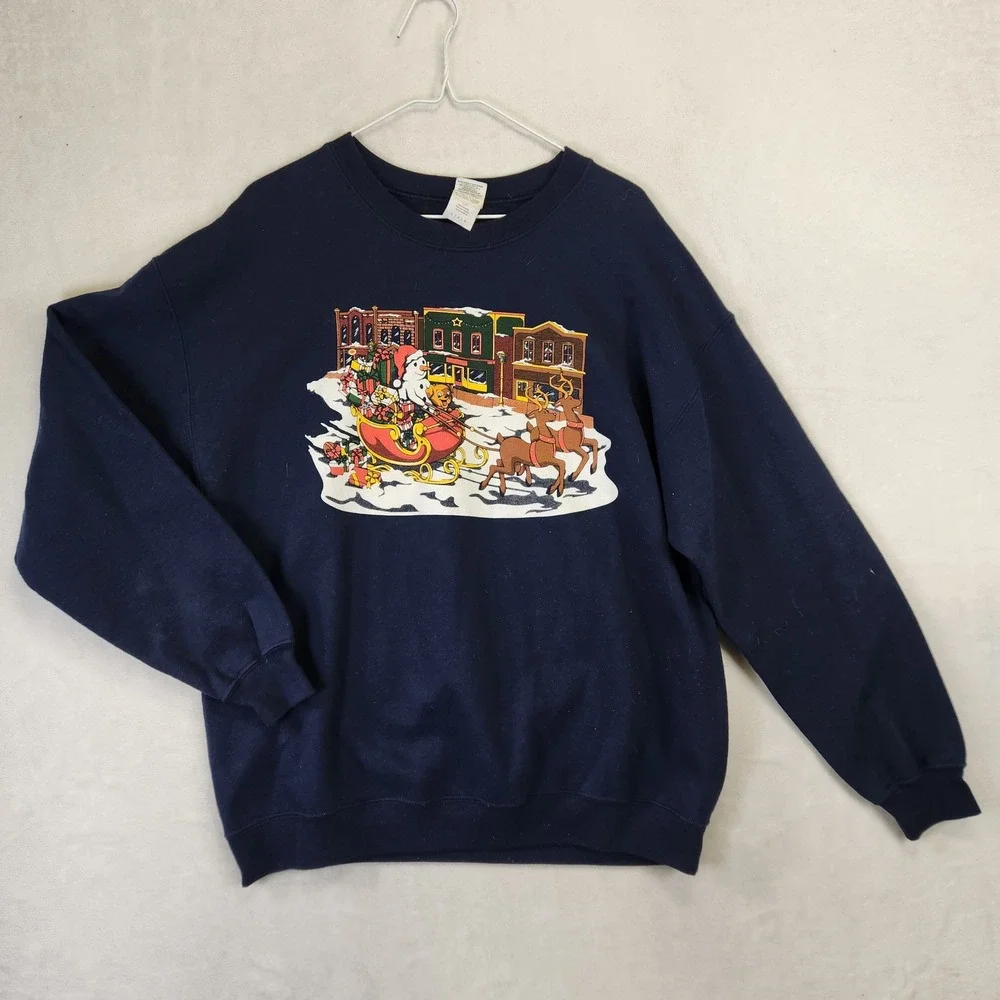 Gildan Vintage Y2K Christmas Snowman Reindeer Sleigh Navy Sweatshirt Mens Large - Picture 1 of 7